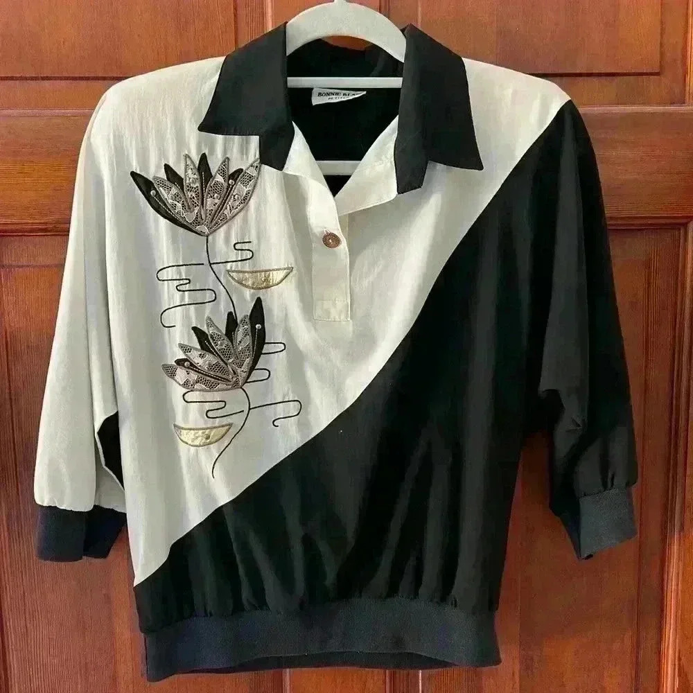 VINTAGE 80’s Bonnie Blair Floral Blouse black/white shoulder pads size S